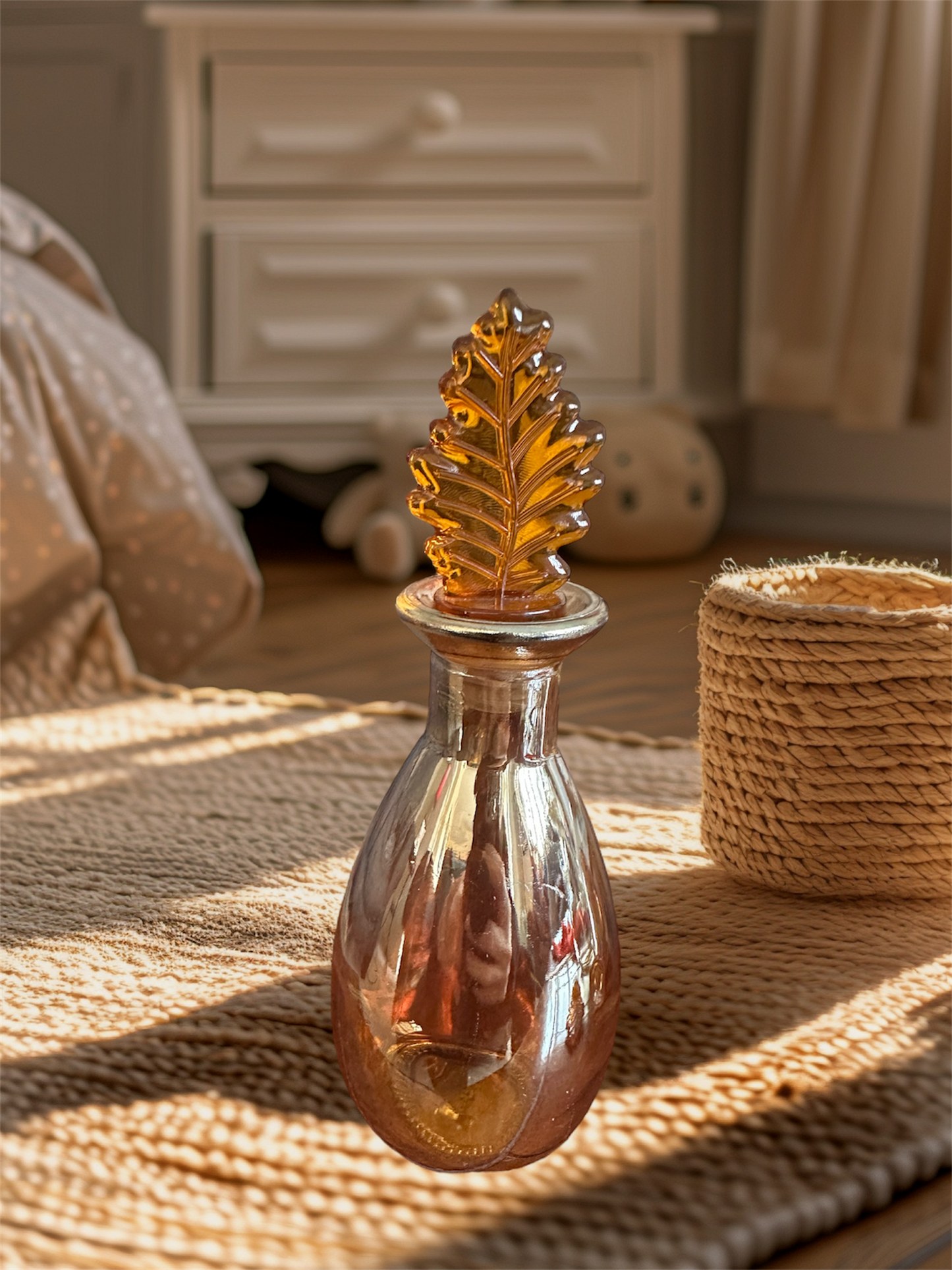 Vintage Glass Potion Bottle Leaf Top Iridescent