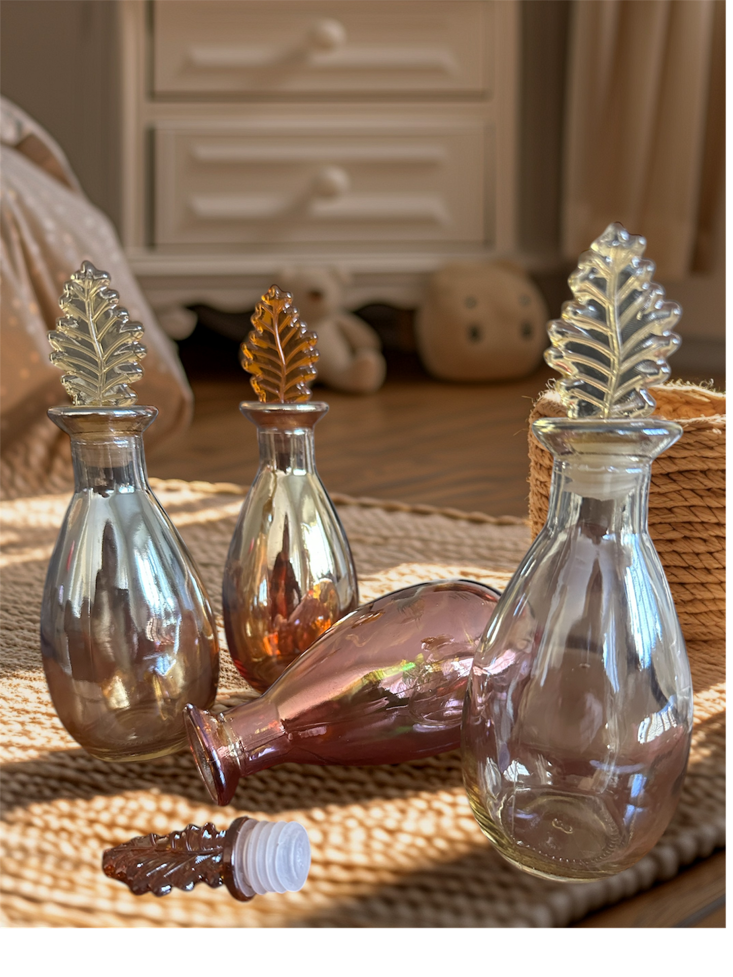 Vintage Glass Potion Bottle Leaf Top Iridescent