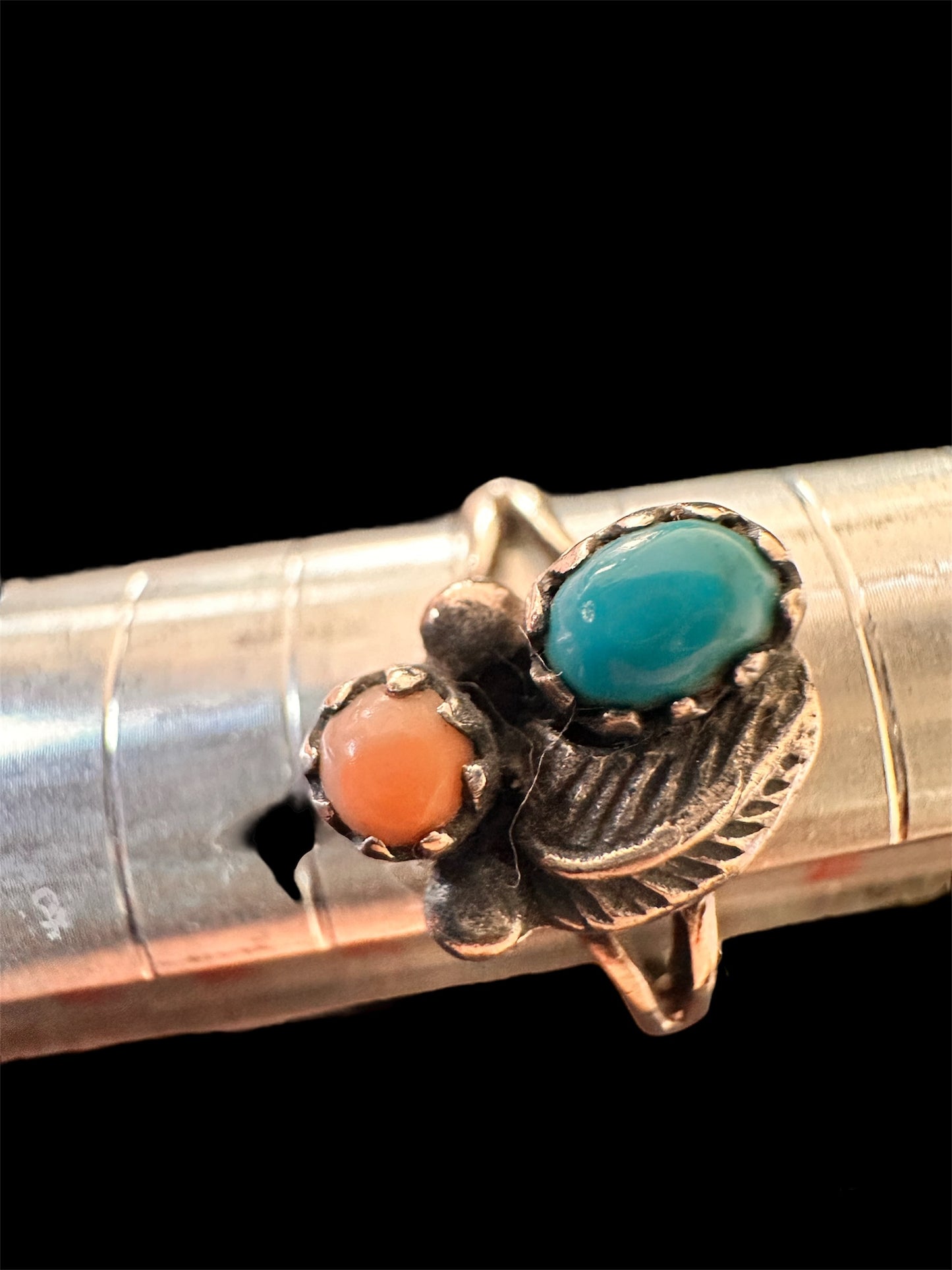 Navajo Turquoise and Coral sterling silver ring