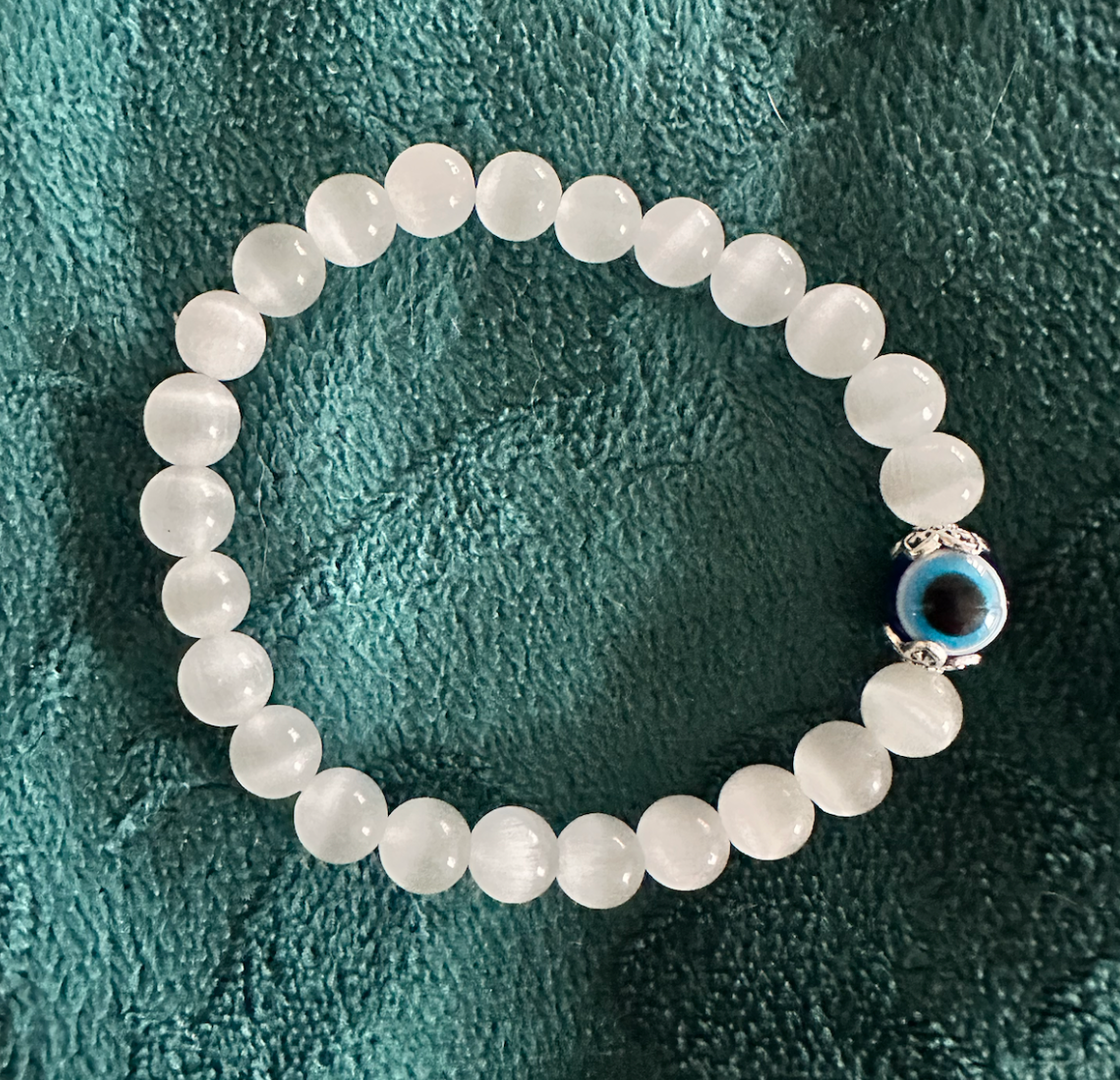 8mm Selenite evil eye bracelet