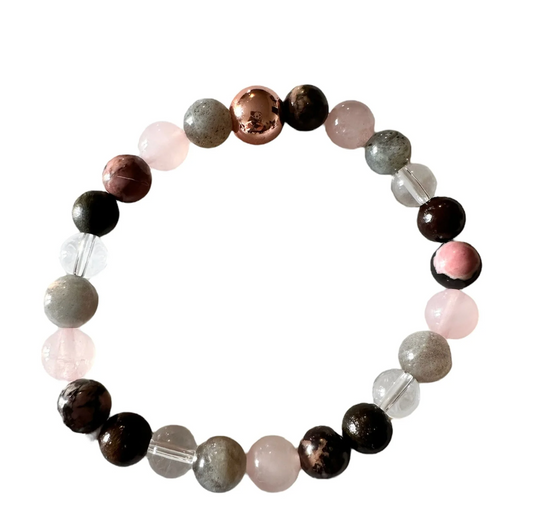 Rose Quartz, Labradorite, Clear Quartz, Rhodonite, and Sandalwood