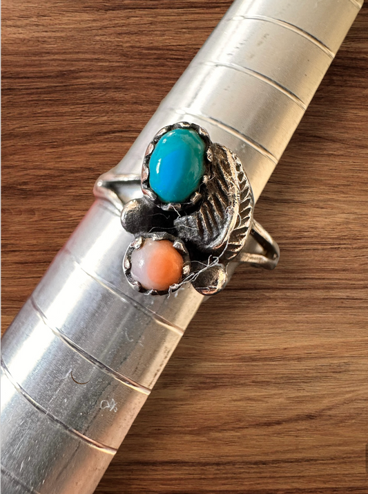 Navajo Turquoise and Coral sterling silver ring